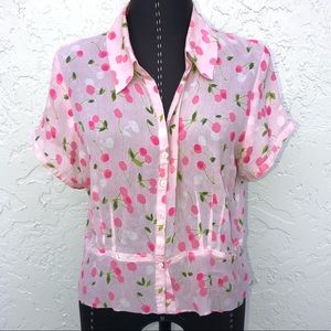 Rafaella silk pink berry print crop button down blouse top